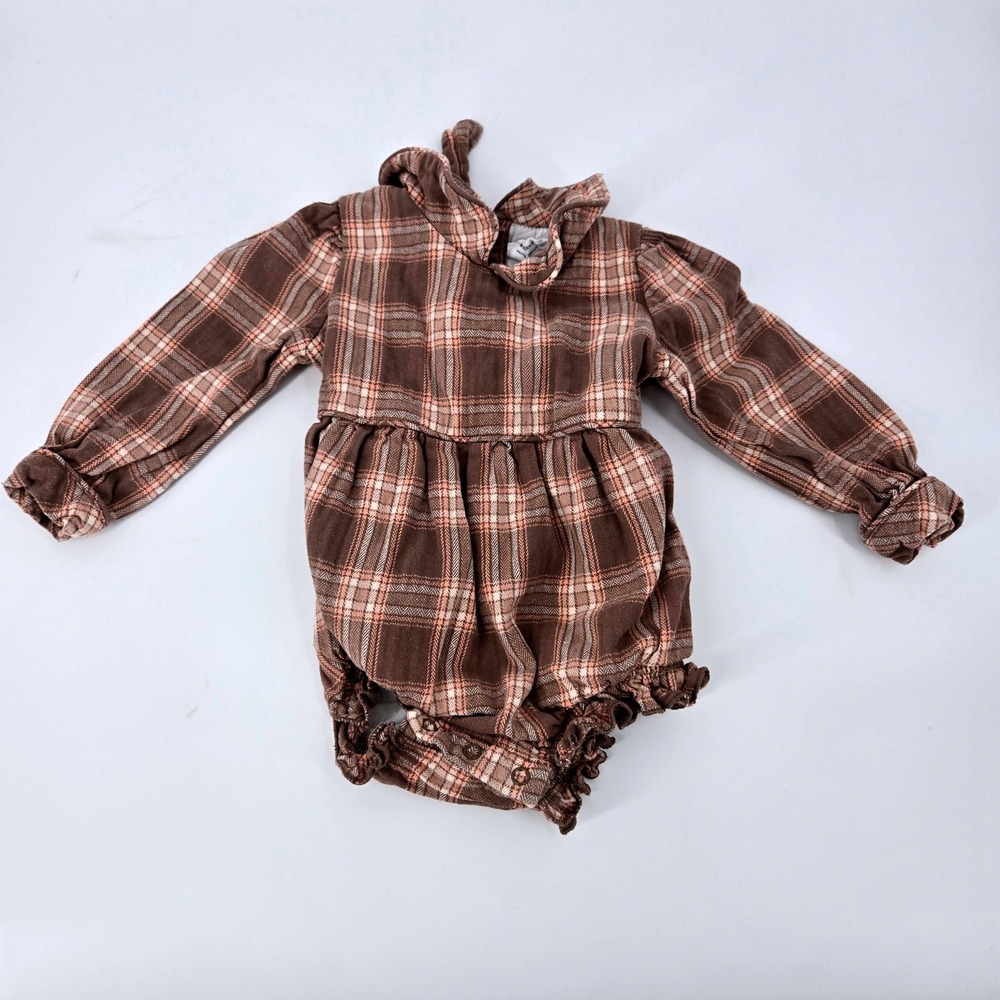Southern Smocked Co. Brown Plaid Long Sleeve Flannel Bubble Romper Size 18M